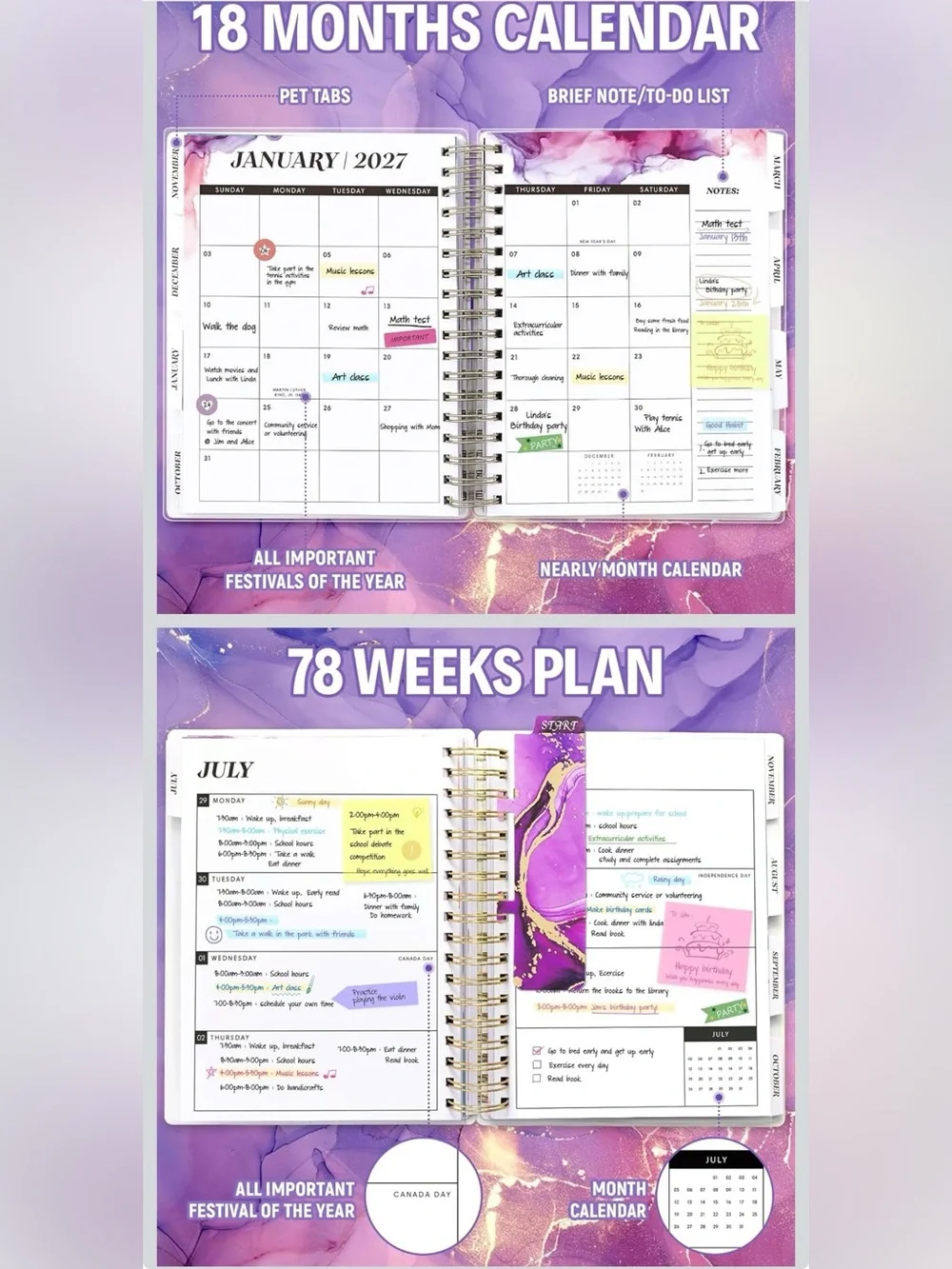 Purple Marble 2026-2027 Planner with Gold Accents